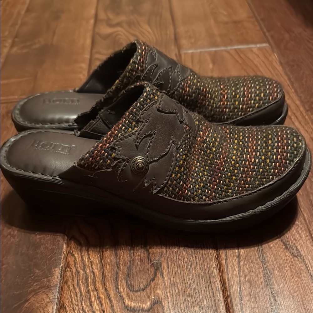 Born Multicolor Wedge Slides - Leather and Fabric - Women’s Size 9 - Like New